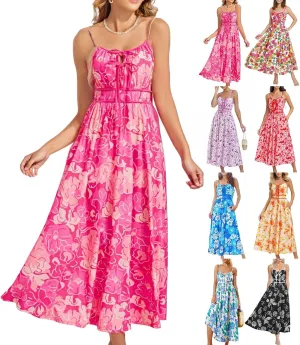 Boho Maxi Dresses for Women 2025 Summer Casual Floral Bohemian Dress Sleeveless Spaghetti Strap Long Beach Sundresses