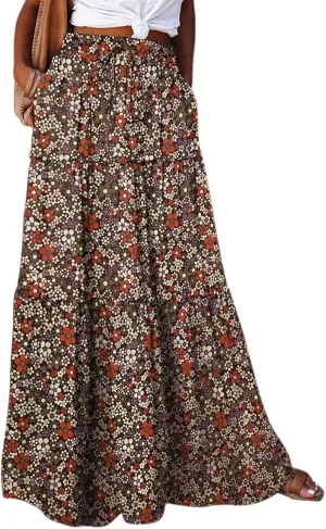Boho Maxi Skirts for Women Casual High Waisted Tiered A Line Skirt Pleated Ruffle Hem Flowy Long Skirts with Pockets