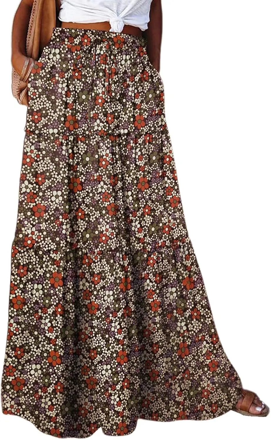 Boho Maxi Skirts for Women Casual High Waisted Tiered A Line Skirt Pleated Ruffle Hem Flowy Long Skirts with Pockets