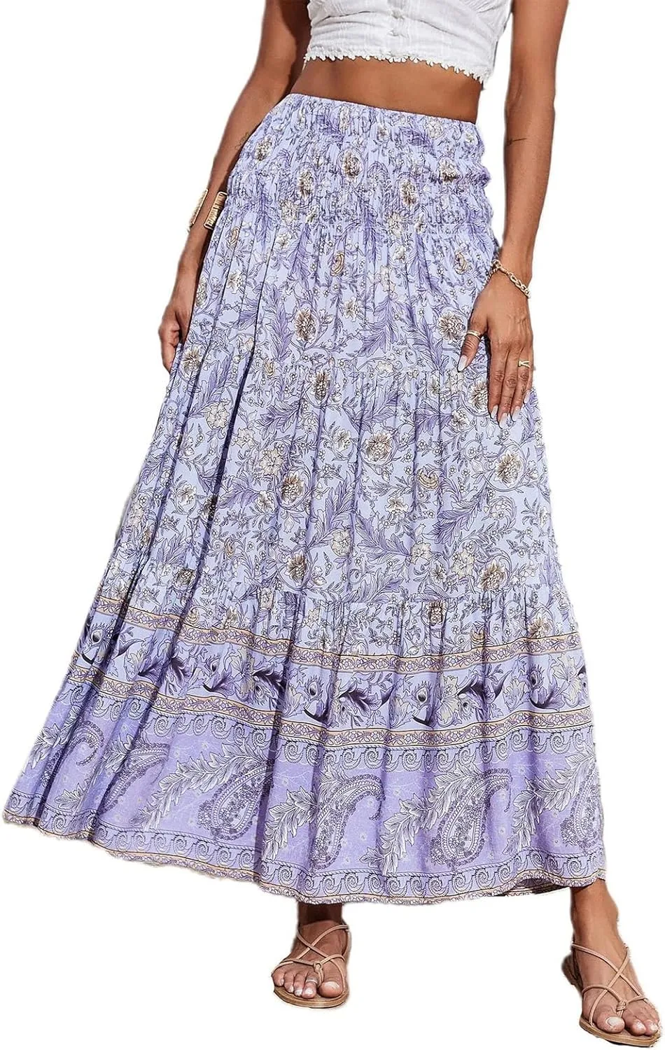Boho Maxi Skirts for Women,2025 Summer Flowy High Waist A Line Vacation Skirt Elegant Pleated Floral Beach Skirts
