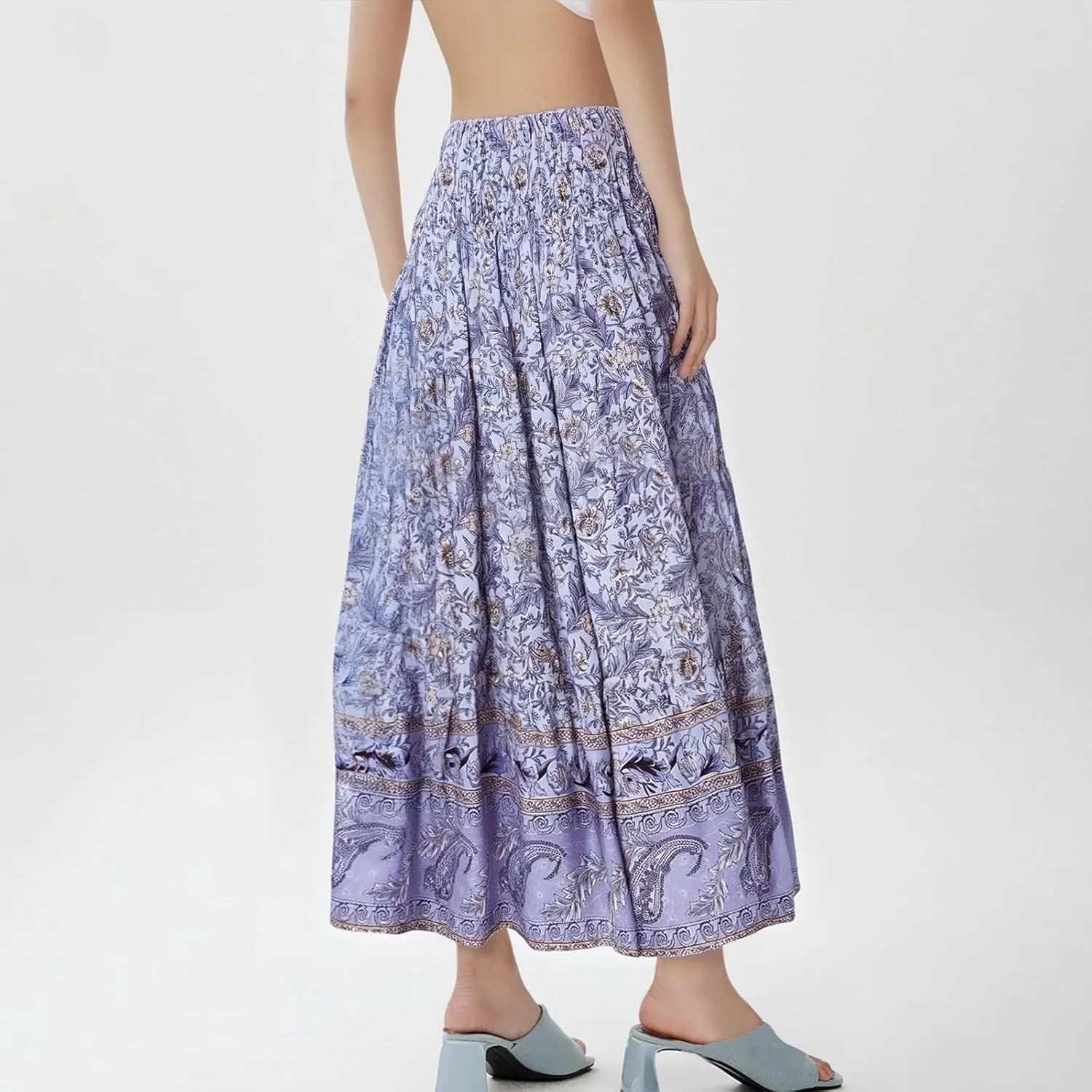 Boho Maxi Skirts for Women,2025 Summer Flowy High Waist A Line Vacation Skirt Elegant Pleated Floral Beach Skirts