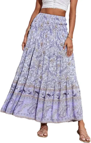 Boho Maxi Skirts for Women,2025 Summer Flowy High Waist A Line Vacation Skirt Elegant Pleated Floral Beach Skirts