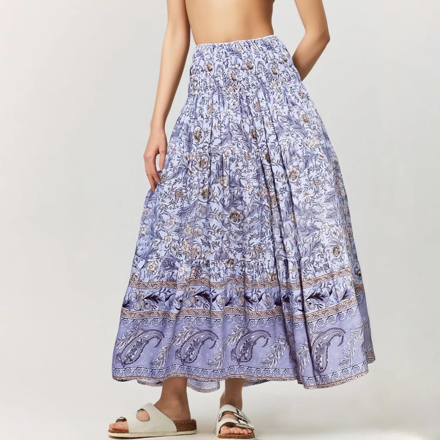 Boho Maxi Skirts for Women,2025 Summer Flowy High Waist A Line Vacation Skirt Elegant Pleated Floral Beach Skirts