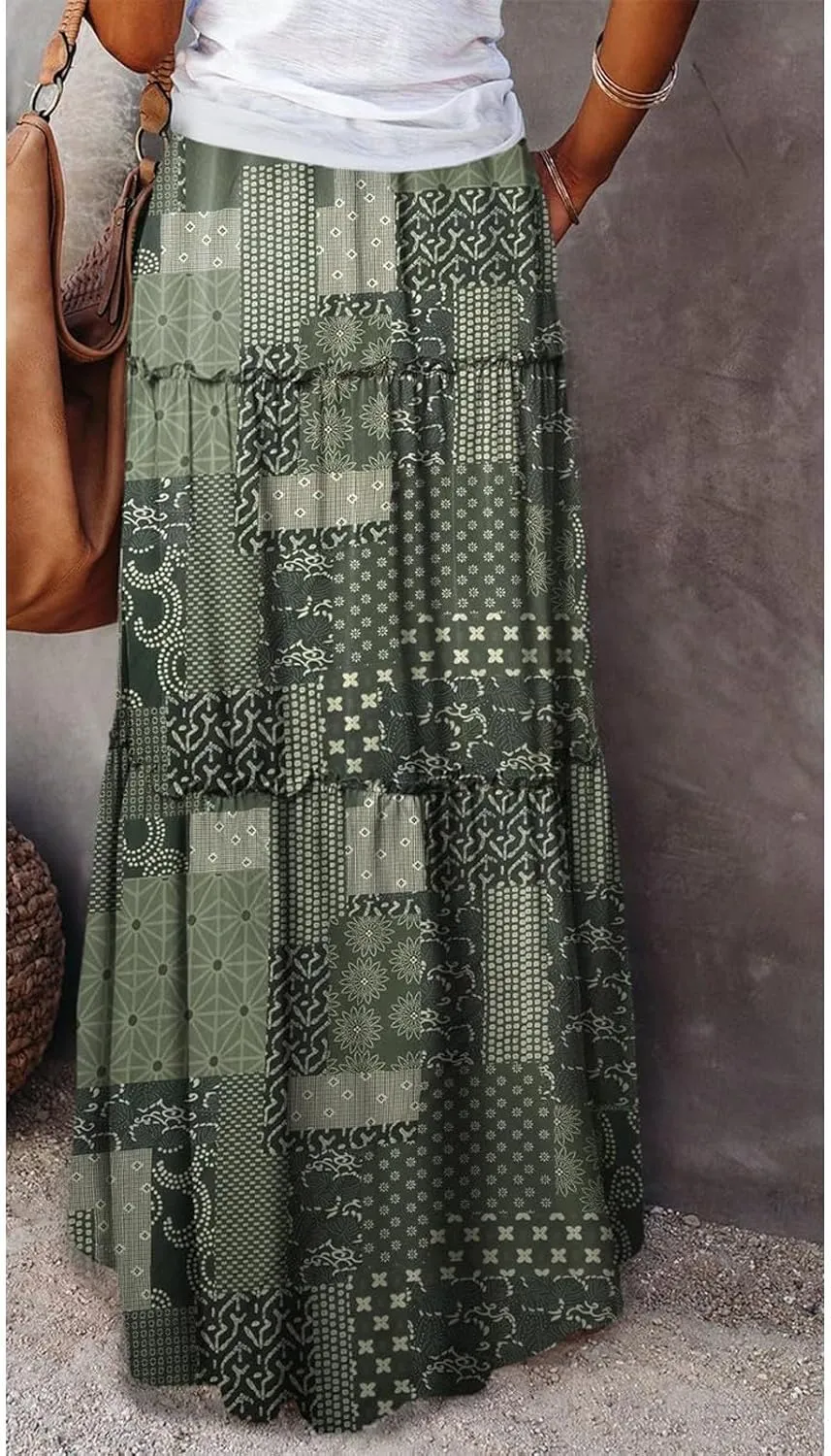 Boho Skirts for Women Summer Vacation High Waist Tie Loose Flower Print Elastic Waist Casual Long Maxi Party Skirt