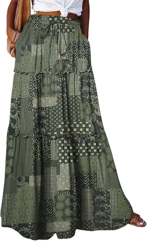 Boho Skirts for Women Summer Vacation High Waist Tie Loose Flower Print Elastic Waist Casual Long Maxi Party Skirt