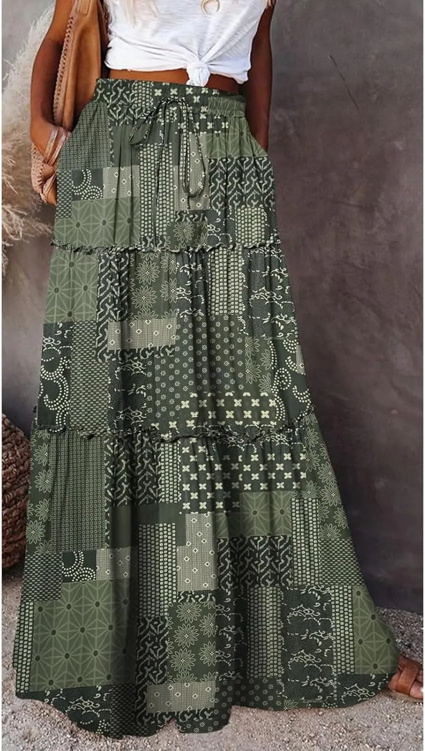 Boho Skirts for Women Summer Vacation High Waist Tie Loose Flower Print Elastic Waist Casual Long Maxi Party Skirt