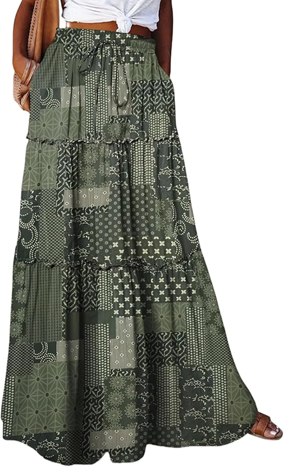 Boho Skirts for Women Summer Vacation High Waist Tie Loose Flower Print Elastic Waist Casual Long Maxi Party Skirt