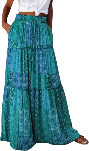 Boho Womens Tiered High Waist Tie Paisley Floral Print Long Maxi Skirt with Pockets