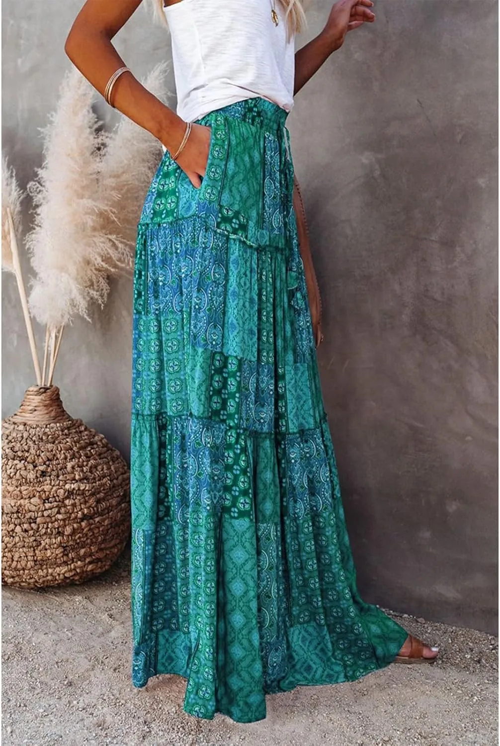 Boho Womens Tiered High Waist Tie Paisley Floral Print Long Maxi Skirt with Pockets