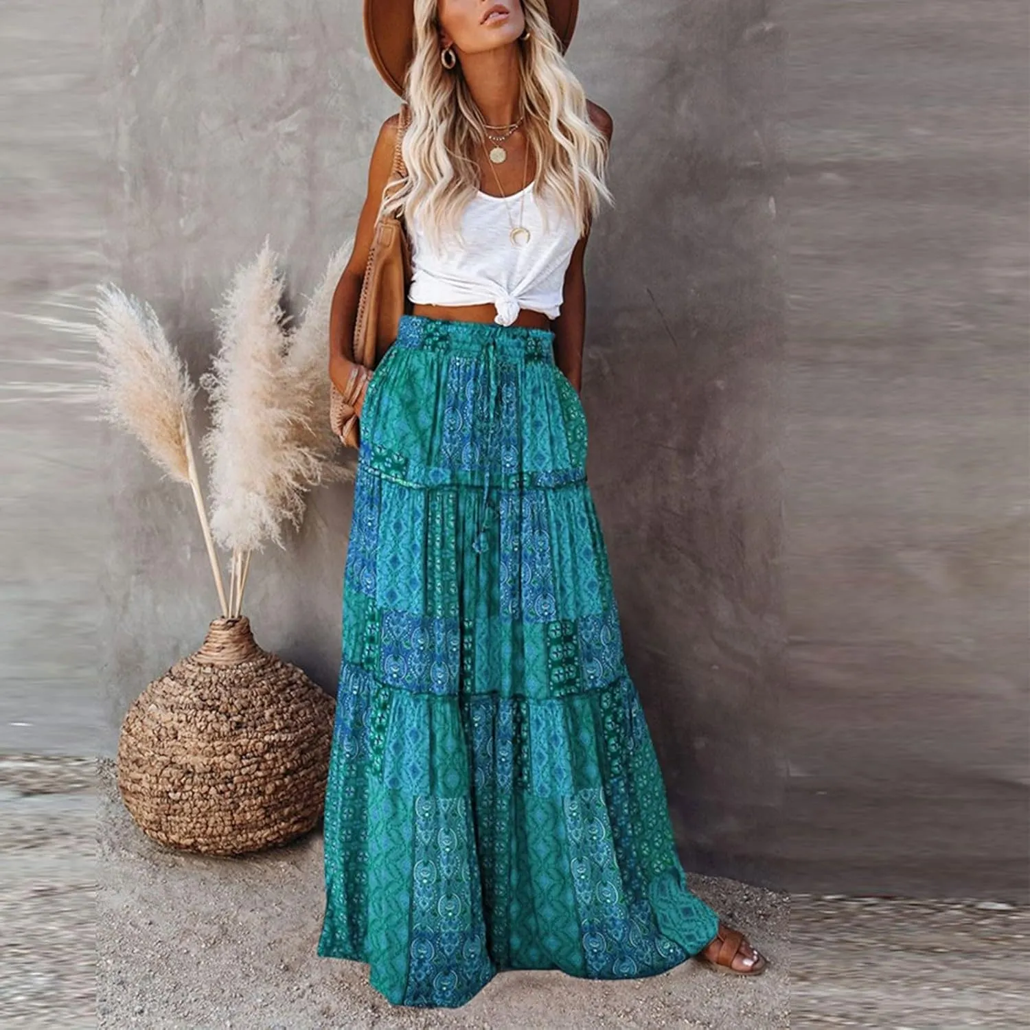 Boho Womens Tiered High Waist Tie Paisley Floral Print Long Maxi Skirt with Pockets