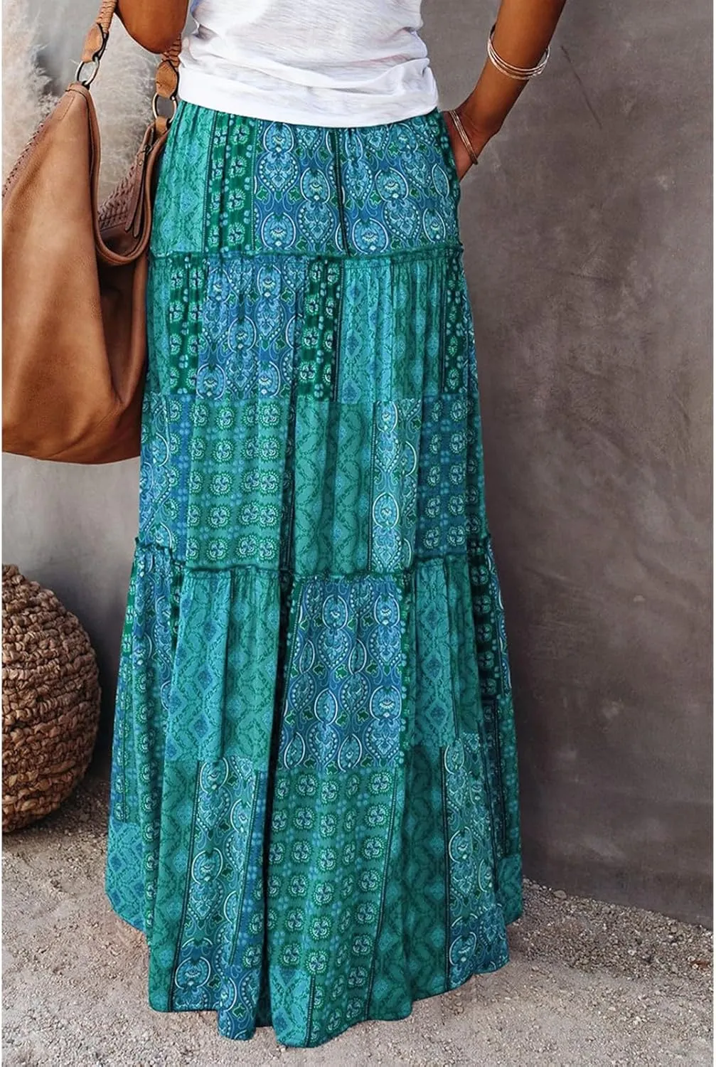 Boho Womens Tiered High Waist Tie Paisley Floral Print Long Maxi Skirt with Pockets