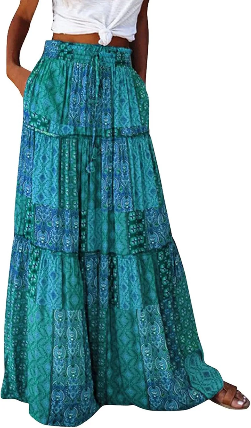Boho Womens Tiered High Waist Tie Paisley Floral Print Long Maxi Skirt with Pockets
