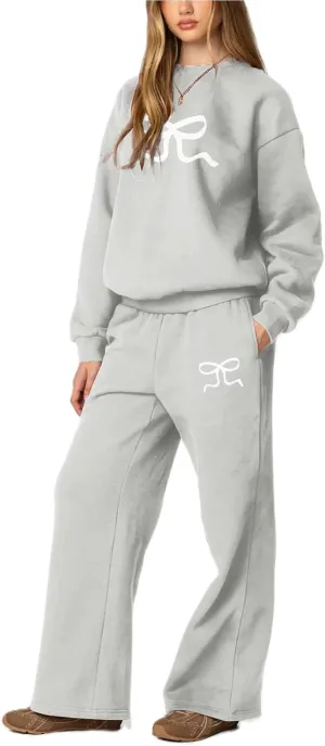 Bow Sweatsuits Women 2 Piece Outfit Oversized Hoodie Sweatshirts and Sweatpants Set Teen Girls Matching Tracksuit