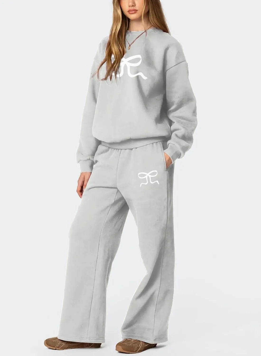 Bow Sweatsuits Women 2 Piece Outfit Oversized Hoodie Sweatshirts and Sweatpants Set Teen Girls Matching Tracksuit