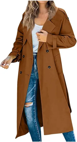 Brown Women's Double Breasted Long Trench Coat - Spring Fall Windproof Classic Lapel Overcoat with Belt - Waterproof Lightweight