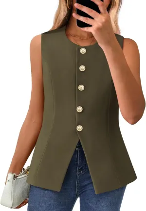 BTFBM Summer Sleeveless Blazer Vest For Women Dressy Button Down Round Neck Business Casual Outfits Work Suit Vests Tops