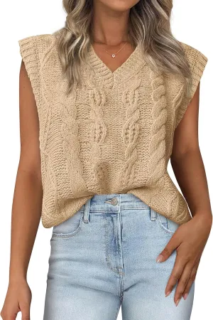 BTFBM Womens Oversized Sweater Vest 2025 Summer V Neck Casual Sleeveless Sweaters Loose Cable Knit Pullover Tops