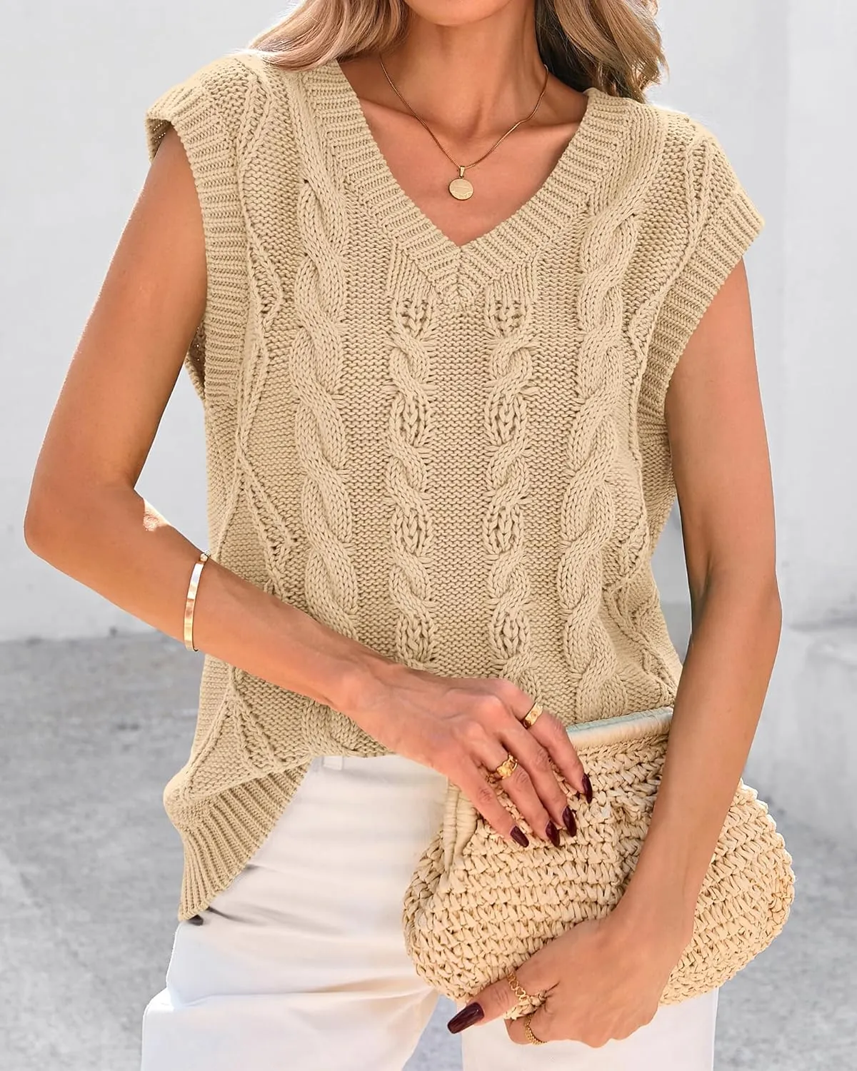 BTFBM Womens Oversized Sweater Vest 2025 Summer V Neck Casual Sleeveless Sweaters Loose Cable Knit Pullover Tops