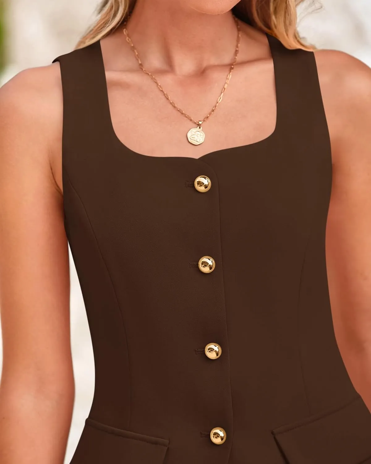 BTFBM Womens Sleeveless Suit Vests Dressy Casual Square Neck Business Work Waistcoat Summer Button Up Blazer Vest Tops