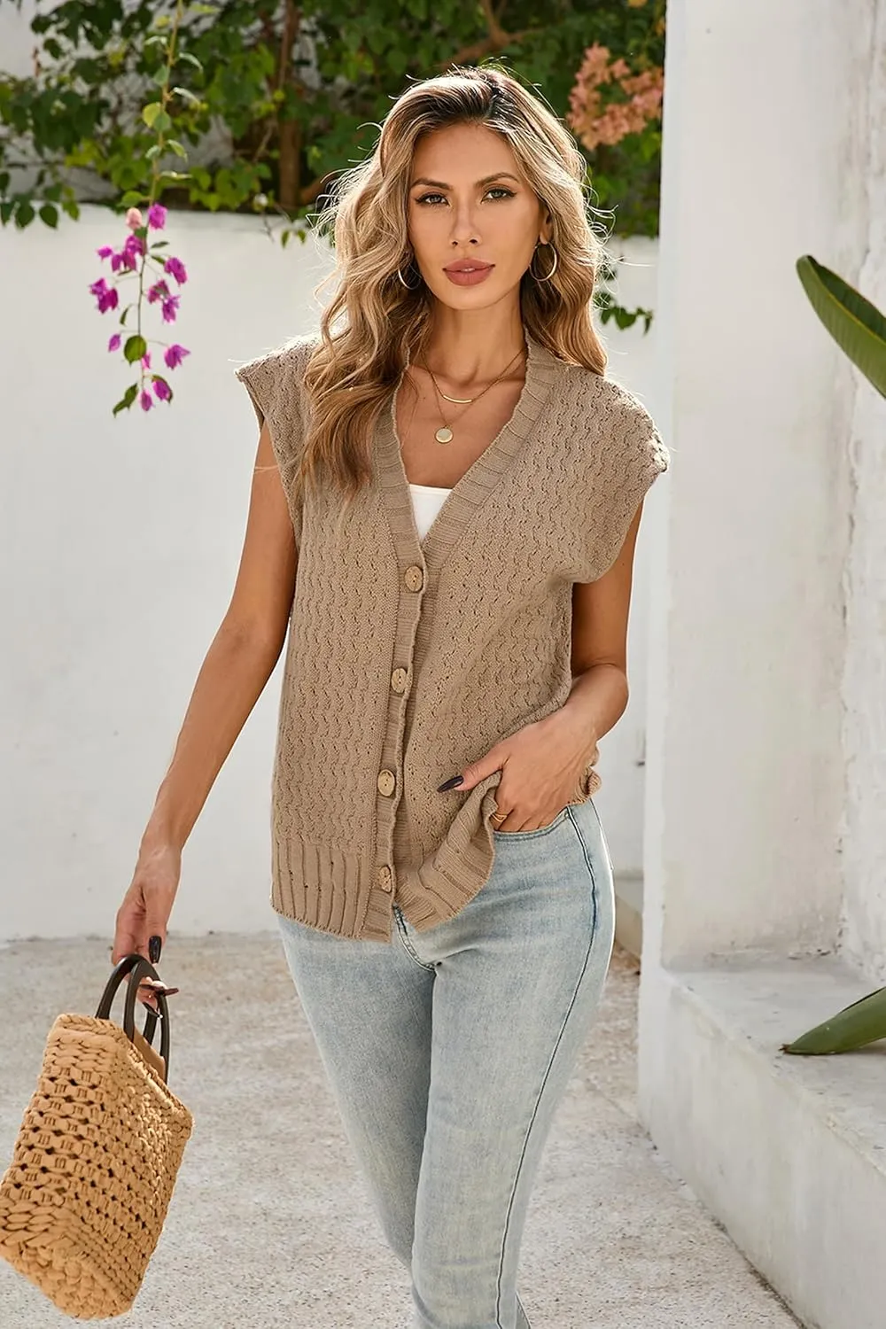 Cakulo Womens Cable Knit Sweater Vest 2025 Oversized Sleeveless Button Down Summer Cardigan Sweaters Tops