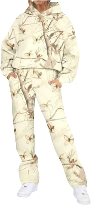 Camo Sweatsuits for Women - 2 Piece Set with Oversized Maple Leaf Print Hooded Sweatshirt & Baggy Camo Sweatpants