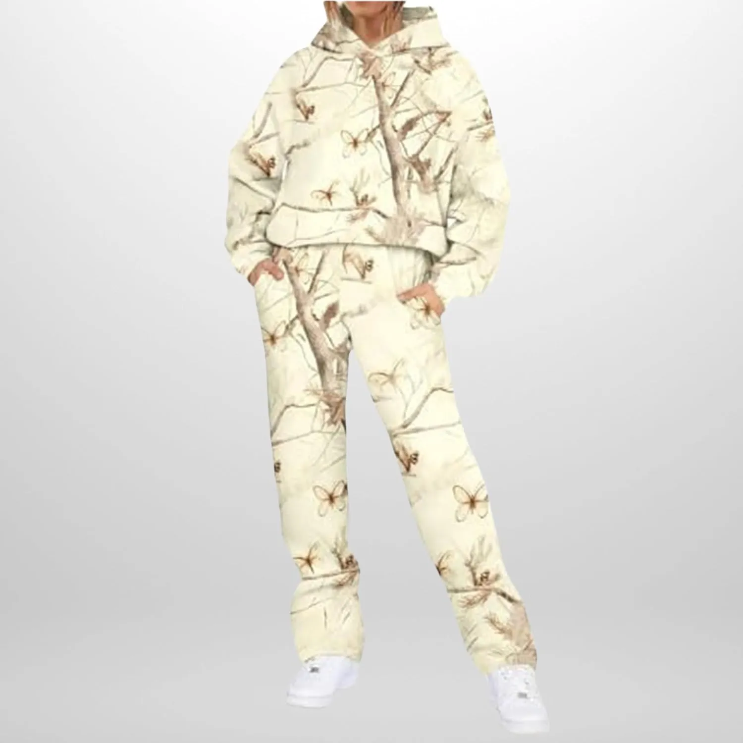 Camo Sweatsuits for Women - 2 Piece Set with Oversized Maple Leaf Print Hooded Sweatshirt & Baggy Camo Sweatpants