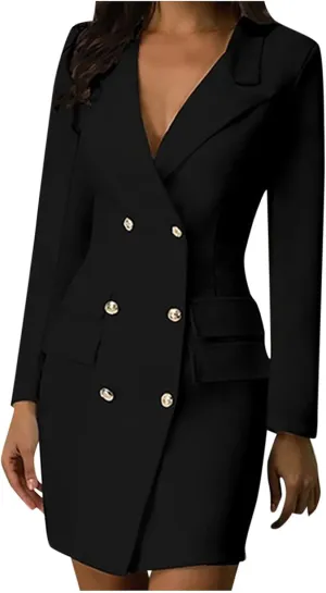 Cardigan Dress for Women Solid Double Breasted Front Style Slim Dress Button Blazer Jackets Business Suit Coat