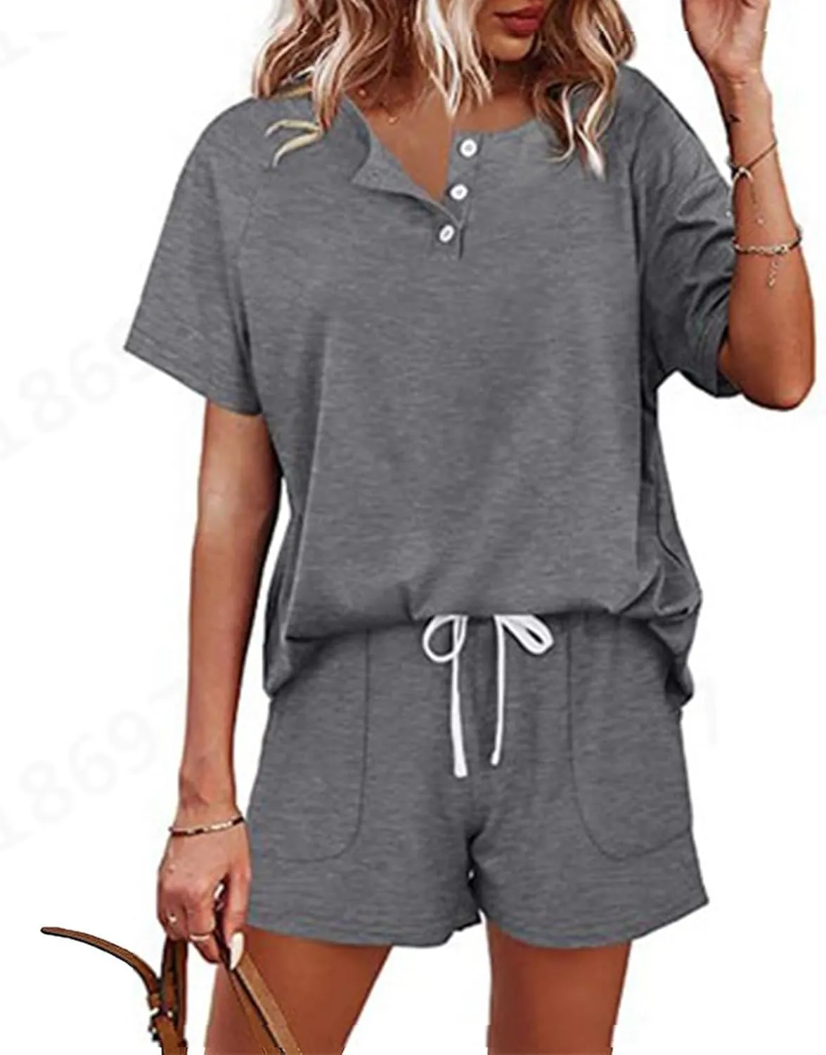 Casual Two-Piece Outfit For Women 2025 Short Sleeve Button Down V-neck Shirts And Shorts Lounge Set Loose Tracksuit