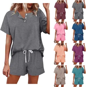 Casual Two-Piece Outfit For Women 2025 Short Sleeve Button Down V-neck Shirts And Shorts Lounge Set Loose Tracksuit