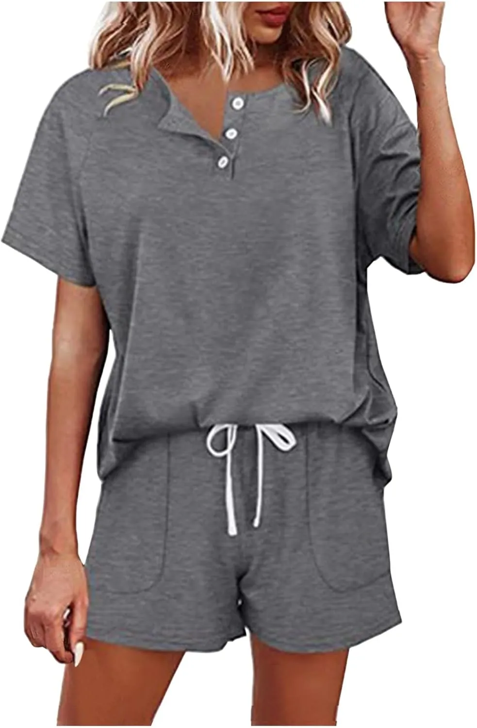 Casual Two-Piece Outfit For Women 2025 Short Sleeve Button Down V-neck Shirts And Shorts Lounge Set Loose Tracksuit
