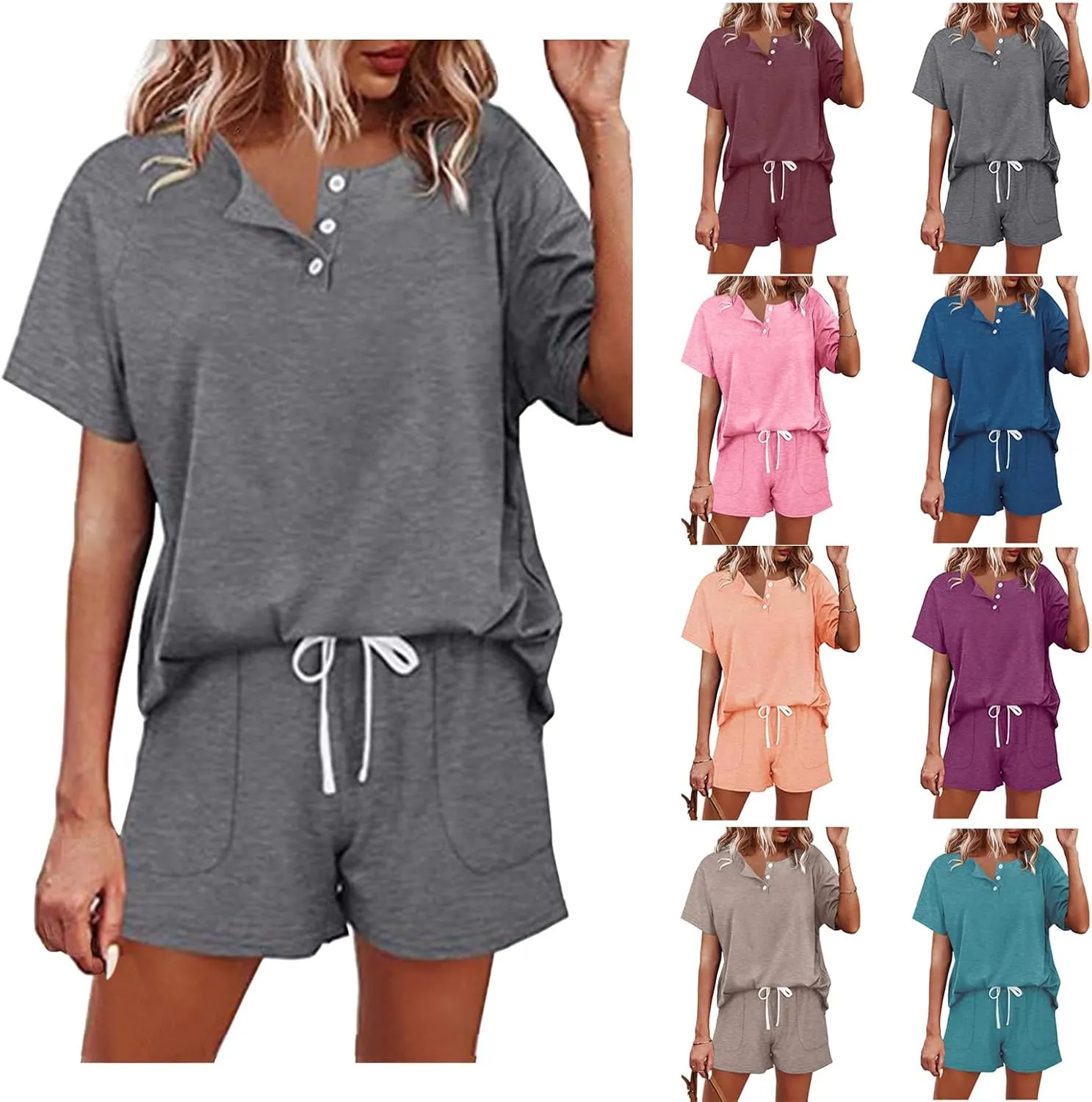 Casual Two-Piece Outfit For Women 2025 Short Sleeve Button Down V-neck Shirts And Shorts Lounge Set Loose Tracksuit