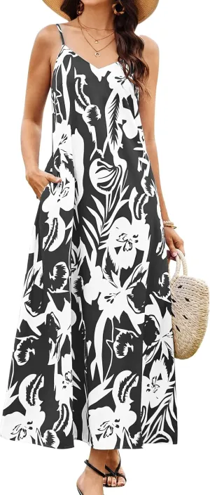 CCTOO Womens Boho Summer Dresses: Summer Casual Floral Sleeveless Spaghetti Strap V Neck Long Beach Maxi Dress with Pockets