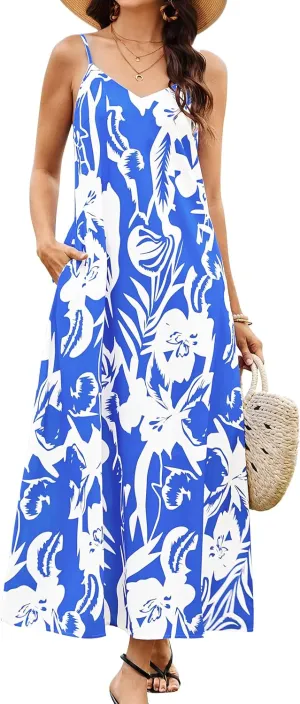 CCTOO Womens Boho Summer Dresses: Summer Casual Floral Sleeveless Spaghetti Strap V Neck Long Beach Maxi Dress with Pockets