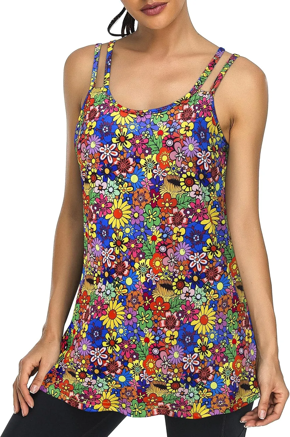 Cestyle Spaghetti Straps Camisole with Built-in Padded Shelf Bra for Women Dressy Casual, Scoop Neck Tunic Length Tank Tops