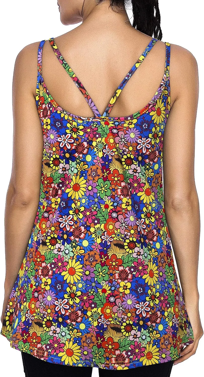 Cestyle Spaghetti Straps Camisole with Built-in Padded Shelf Bra for Women Dressy Casual, Scoop Neck Tunic Length Tank Tops
