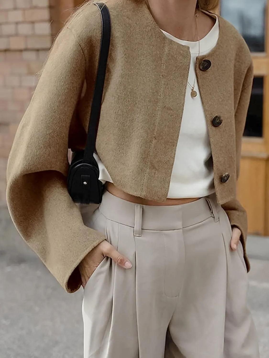 CHARTOU Women Cropped Wool Blend Pea Coat Short Jacket Peacoat Long Sleeve Button Down Crop Jacket