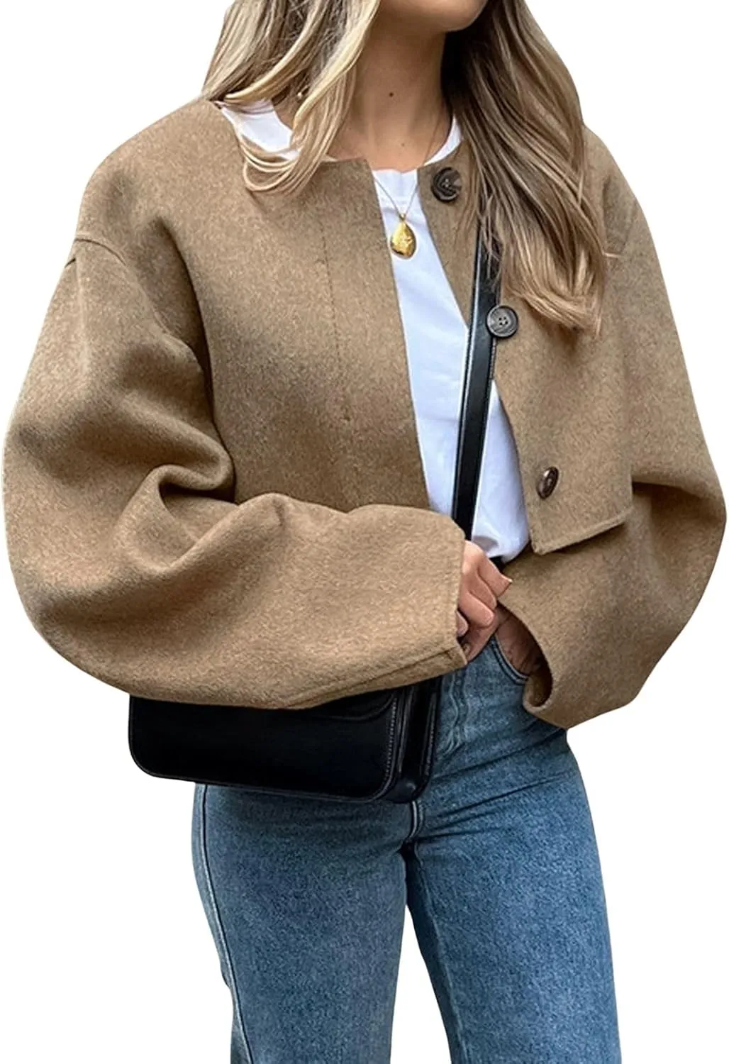 CHARTOU Women Cropped Wool Blend Pea Coat Short Jacket Peacoat Long Sleeve Button Down Crop Jacket