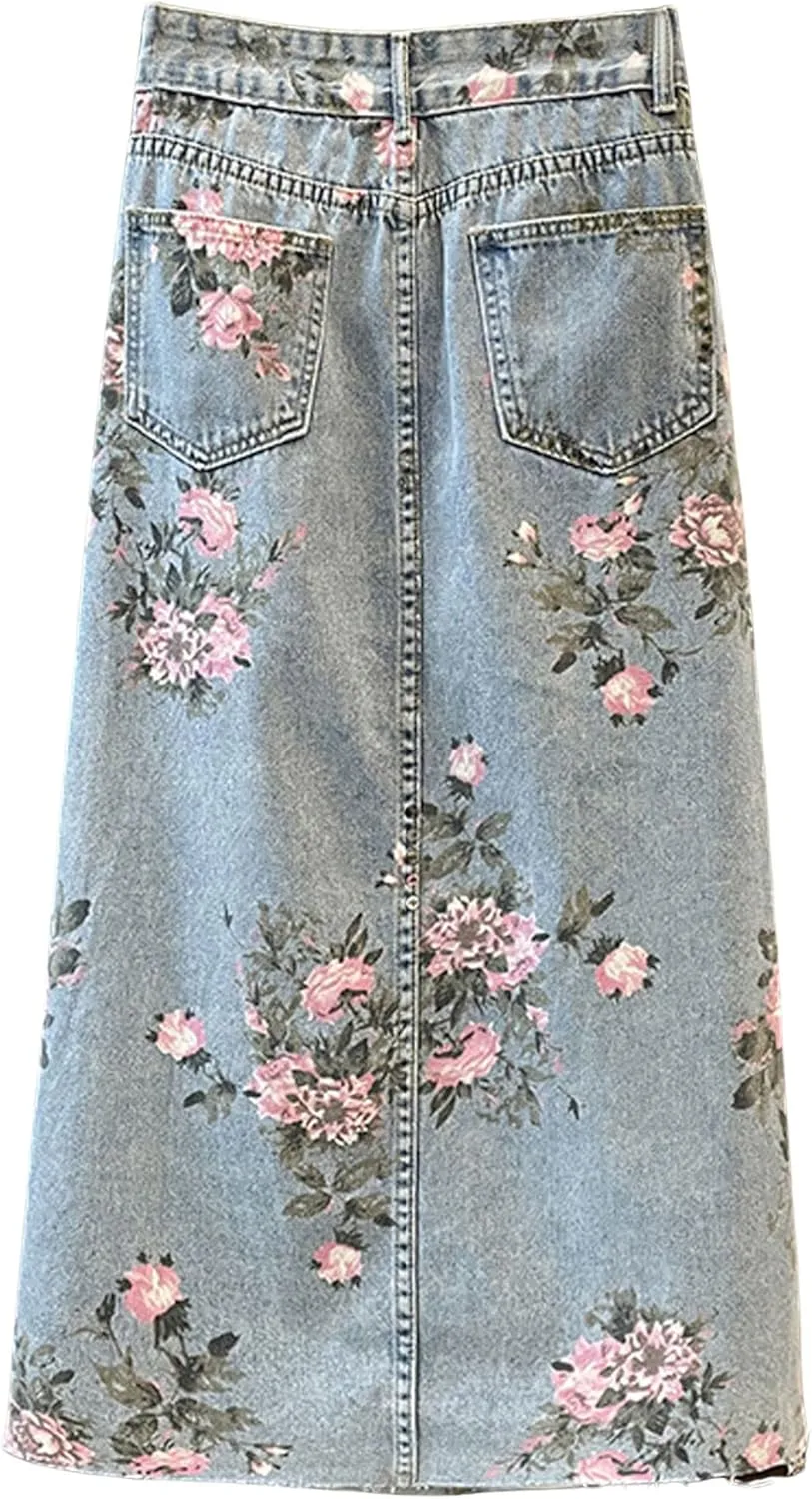 CHARTOU Women Floral Print Long Denim Jean Skirt Printed Midi A Line Skirt Side Slit Denim Jean Flare Skirt