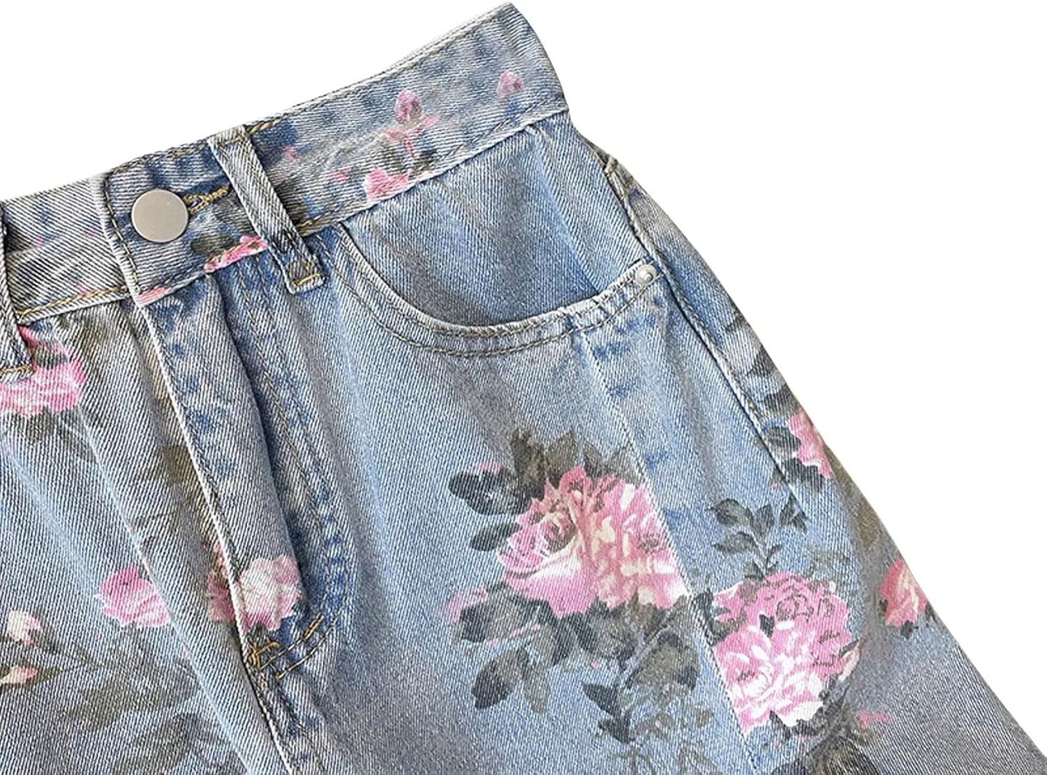CHARTOU Women Floral Print Long Denim Jean Skirt Printed Midi A Line Skirt Side Slit Denim Jean Flare Skirt