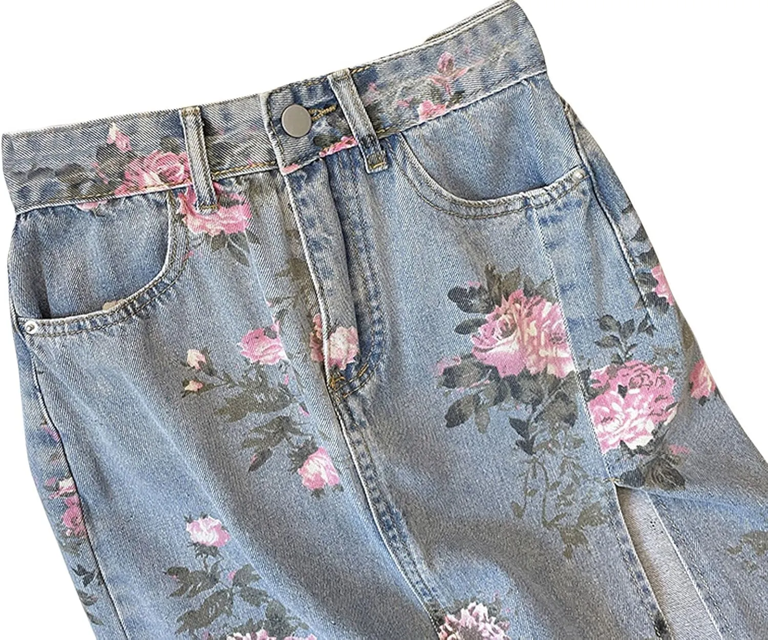CHARTOU Women Floral Print Long Denim Jean Skirt Printed Midi A Line Skirt Side Slit Denim Jean Flare Skirt