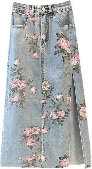 CHARTOU Women Floral Print Long Denim Jean Skirt Printed Midi A Line Skirt Side Slit Denim Jean Flare Skirt