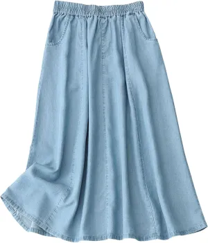 CHARTOU Women Lightweight Denim Skirt Ruffle Pleated A Line Skirt Elastic Waist Jean Skirt Flowy Midi Skirt