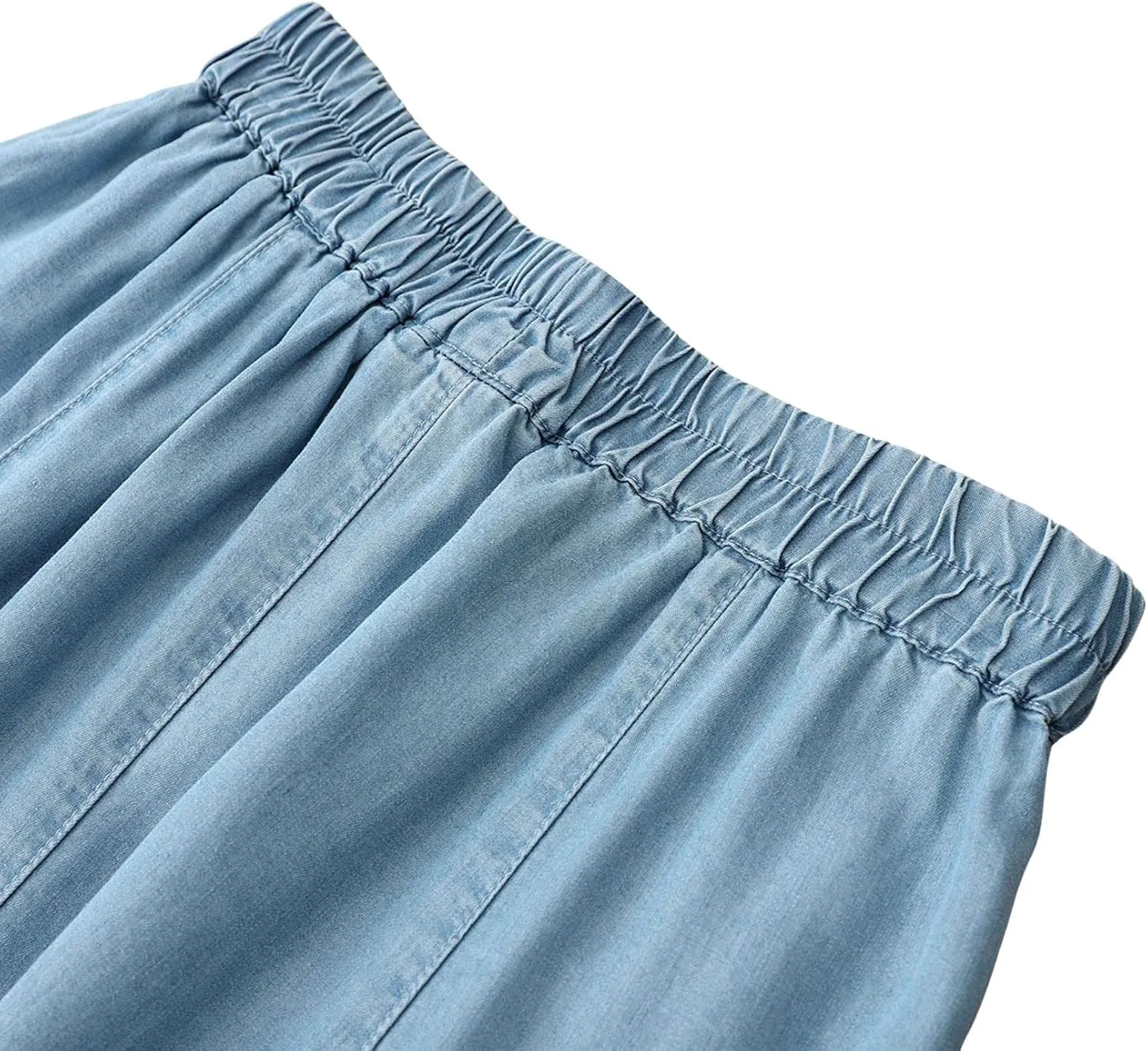 CHARTOU Women Lightweight Denim Skirt Ruffle Pleated A Line Skirt Elastic Waist Jean Skirt Flowy Midi Skirt
