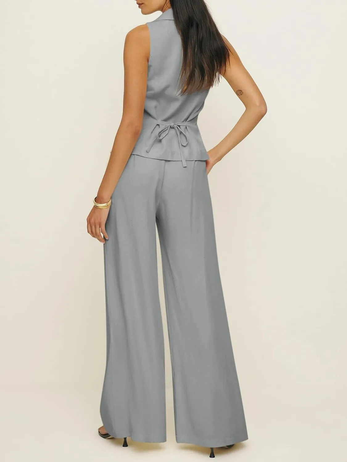Cicy Bell Womens Vest Sets Summer 2 Piece Outfits Button Crop Blazer Vest and Wide Leg Pant Suits