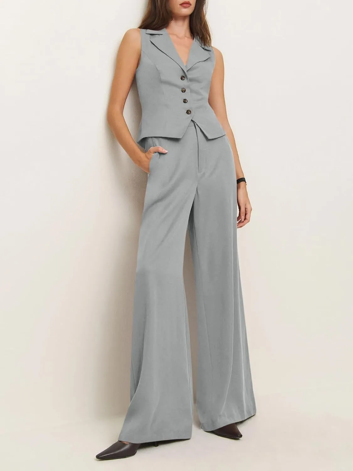 Cicy Bell Womens Vest Sets Summer 2 Piece Outfits Button Crop Blazer Vest and Wide Leg Pant Suits