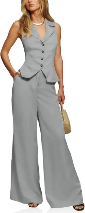 Cicy Bell Womens Vest Sets Summer 2 Piece Outfits Button Crop Blazer Vest and Wide Leg Pant Suits