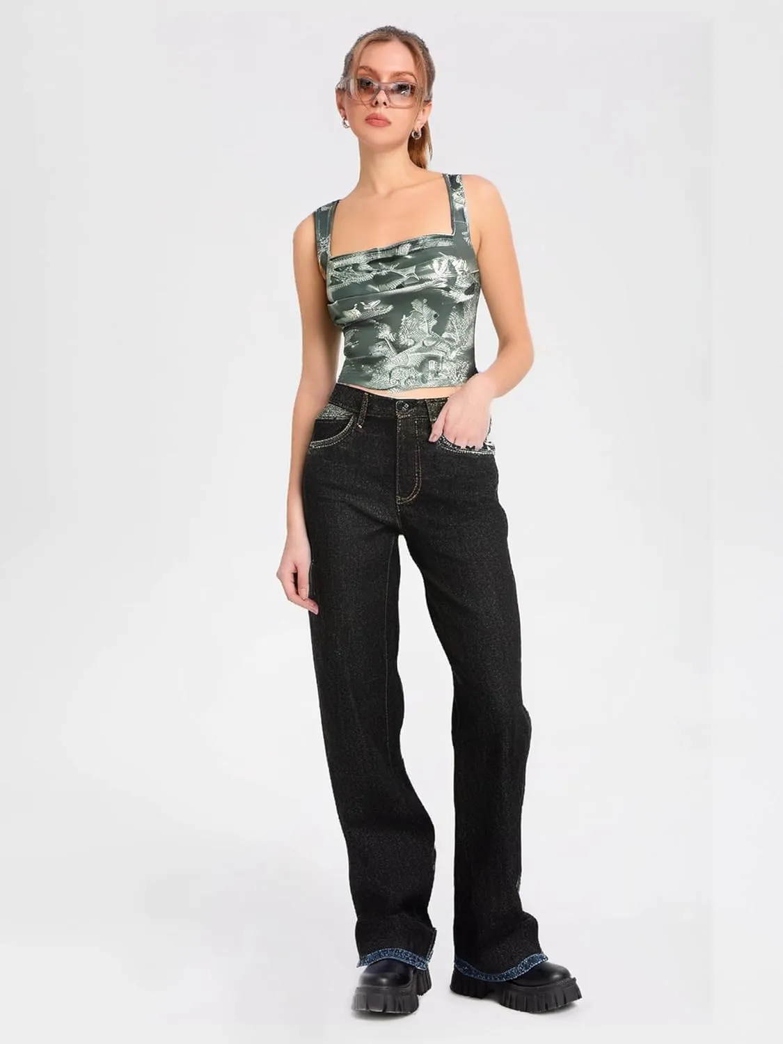 CIDER Women Square Neck Tank Tops Sleeveless Ruched Floral Cute Going Out Summer Trendy Crop Top