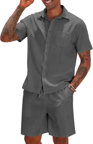 COOFANDY Men 2 Piece Linen Set Casual Short Sleeve Shirt and Short Beach Set