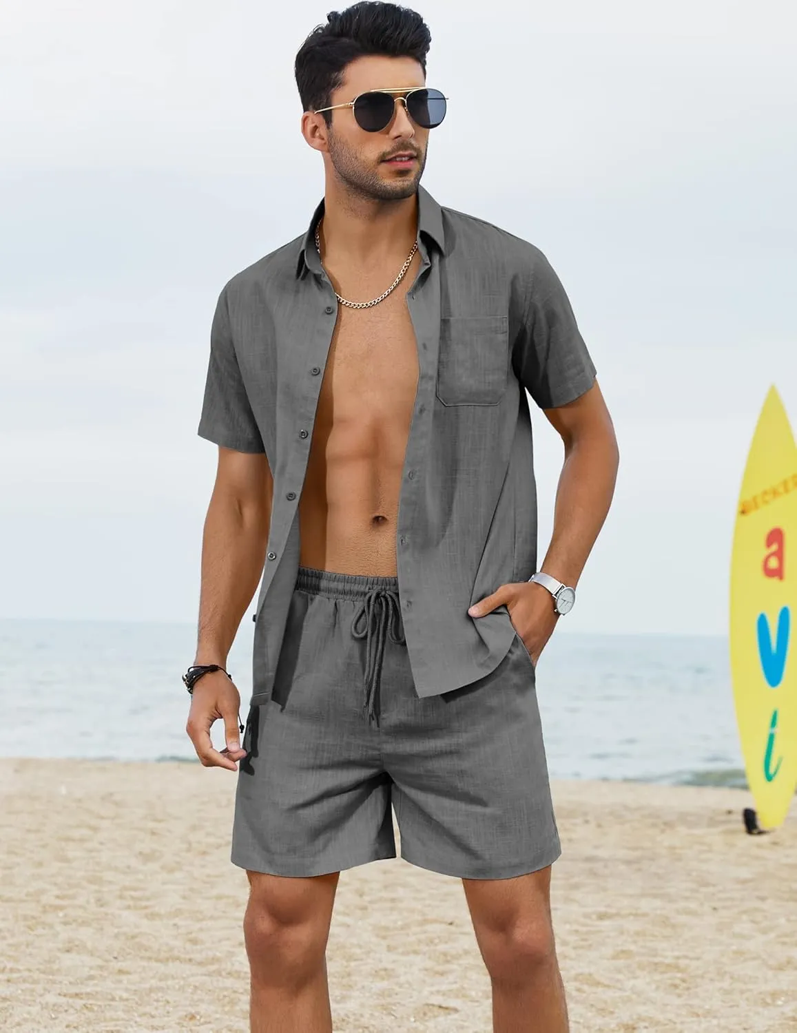 COOFANDY Men 2 Piece Linen Set Casual Short Sleeve Shirt and Short Beach Set