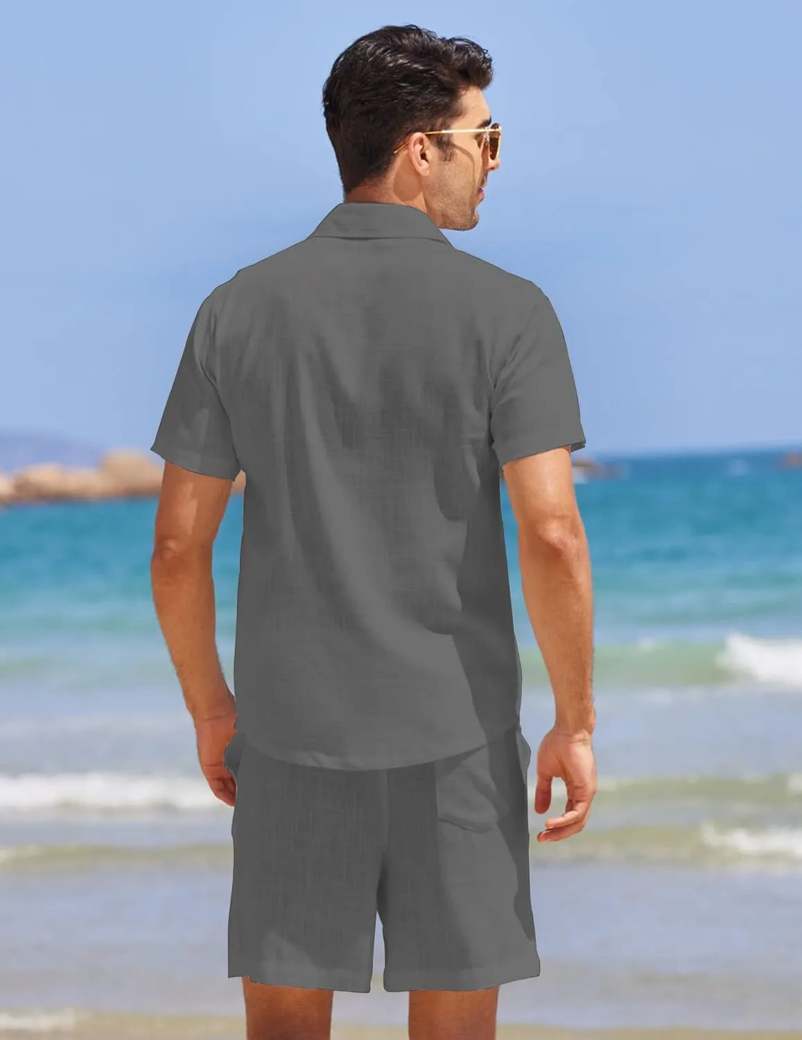 COOFANDY Men 2 Piece Linen Set Casual Short Sleeve Shirt and Short Beach Set